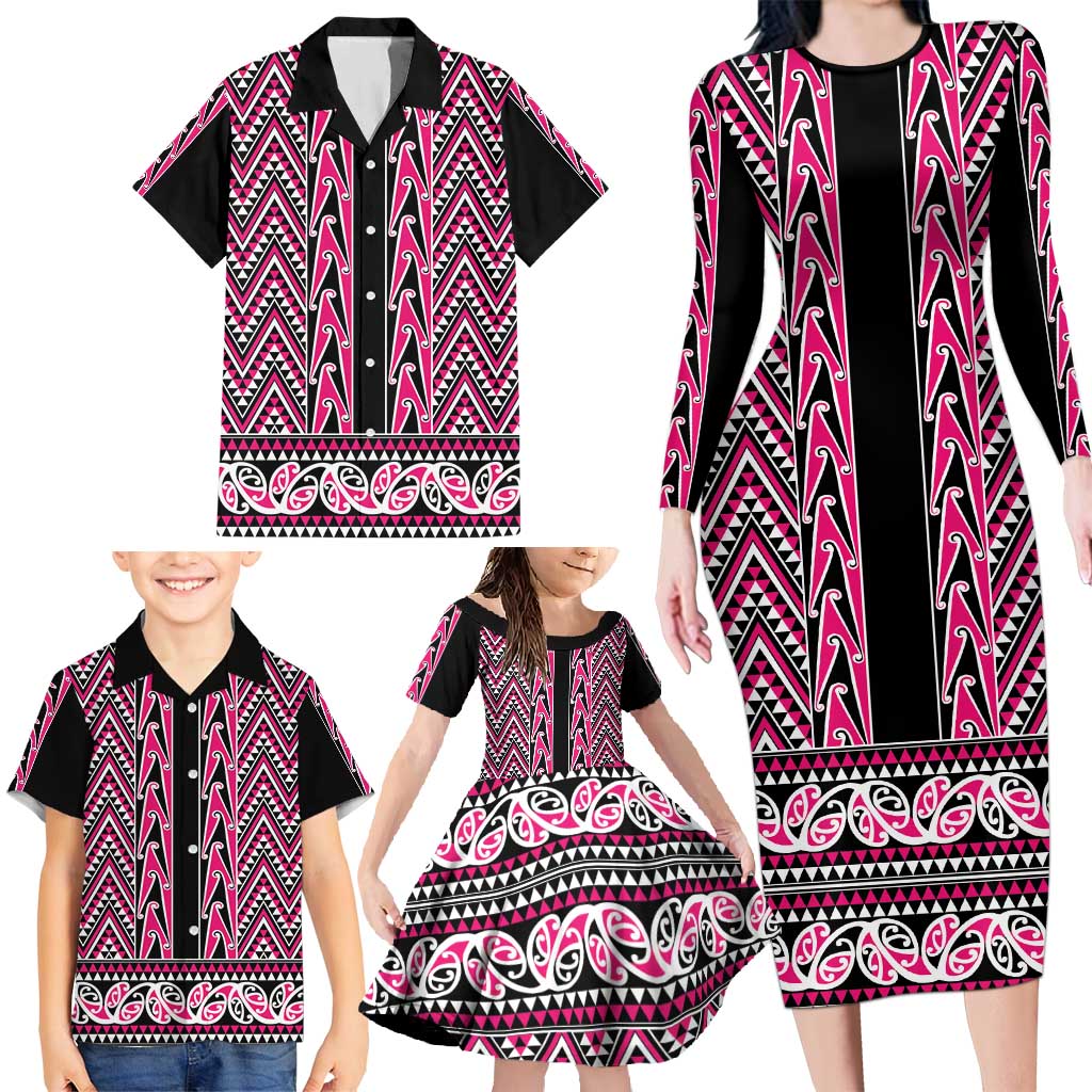 New Zealand Maori Niho Taniwha Family Matching Long Sleeve Bodycon Dress and Hawaiian Shirt Mawhero Mangopare and Puhoro Pattern