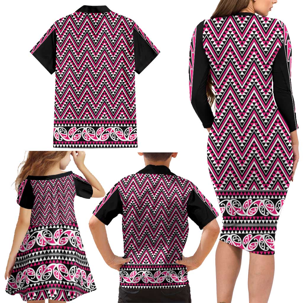 New Zealand Maori Niho Taniwha Family Matching Long Sleeve Bodycon Dress and Hawaiian Shirt Mawhero Mangopare and Puhoro Pattern