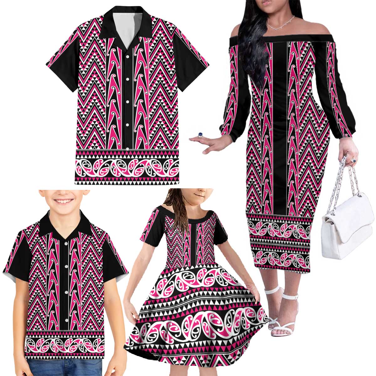 New Zealand Maori Niho Taniwha Family Matching Off The Shoulder Long Sleeve Dress and Hawaiian Shirt Mawhero Mangopare and Puhoro Pattern