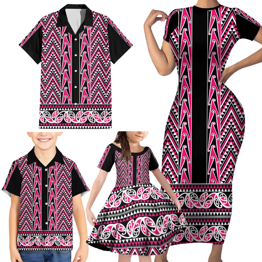 New Zealand Maori Niho Taniwha Family Matching Short Sleeve Bodycon Dress and Hawaiian Shirt Mawhero Mangopare and Puhoro Pattern