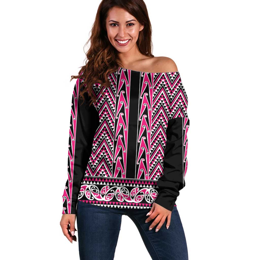 New Zealand Maori Niho Taniwha Off Shoulder Sweater Mawhero Mangopare and Puhoro Pattern