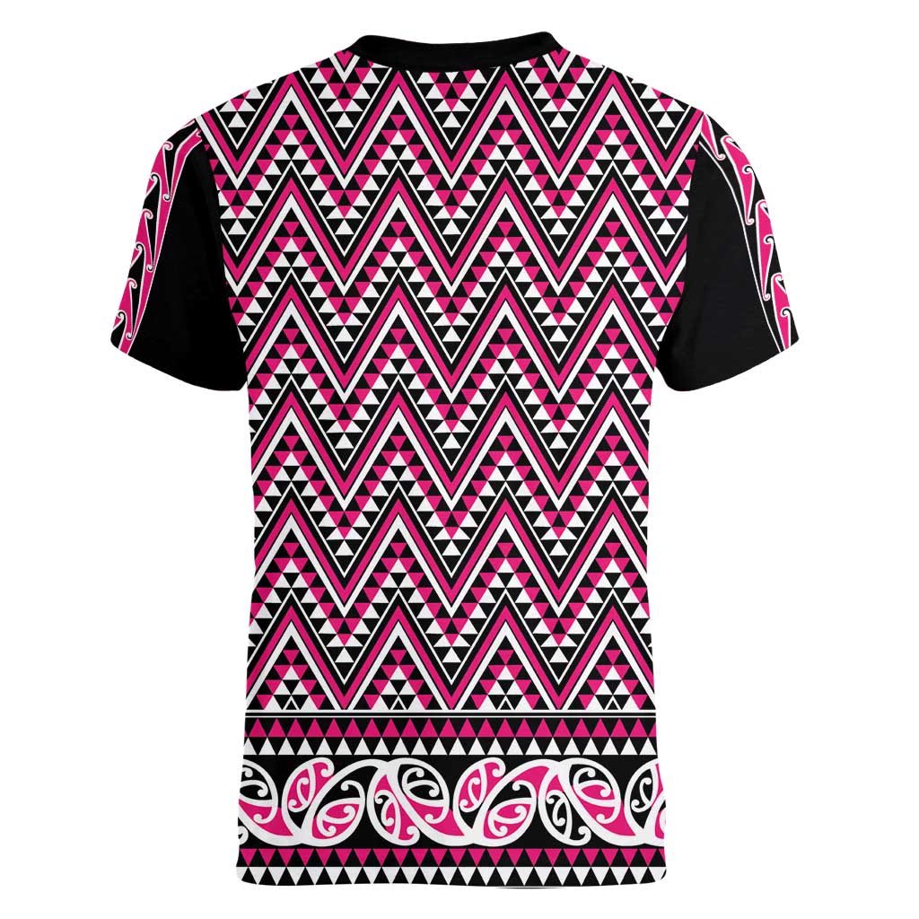 New Zealand Maori Niho Taniwha Women V-Neck T-Shirt Mawhero Mangopare and Puhoro Pattern
