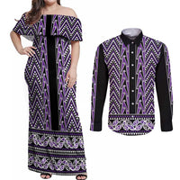 New Zealand Maori Niho Taniwha Couples Matching Off Shoulder Maxi Dress and Long Sleeve Button Shirt Waiporopo Mangopare and Puhoro Pattern