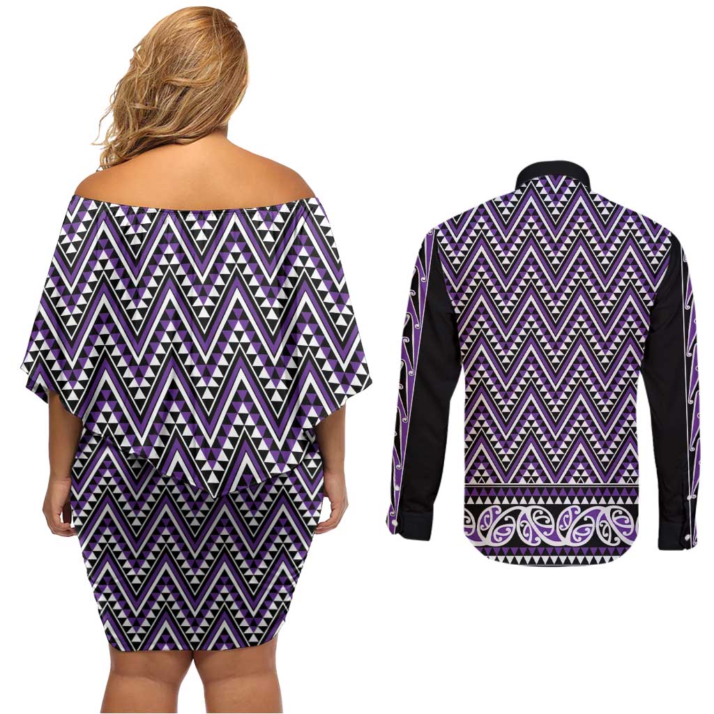 New Zealand Maori Niho Taniwha Couples Matching Off Shoulder Short Dress and Long Sleeve Button Shirt Waiporopo Mangopare and Puhoro Pattern