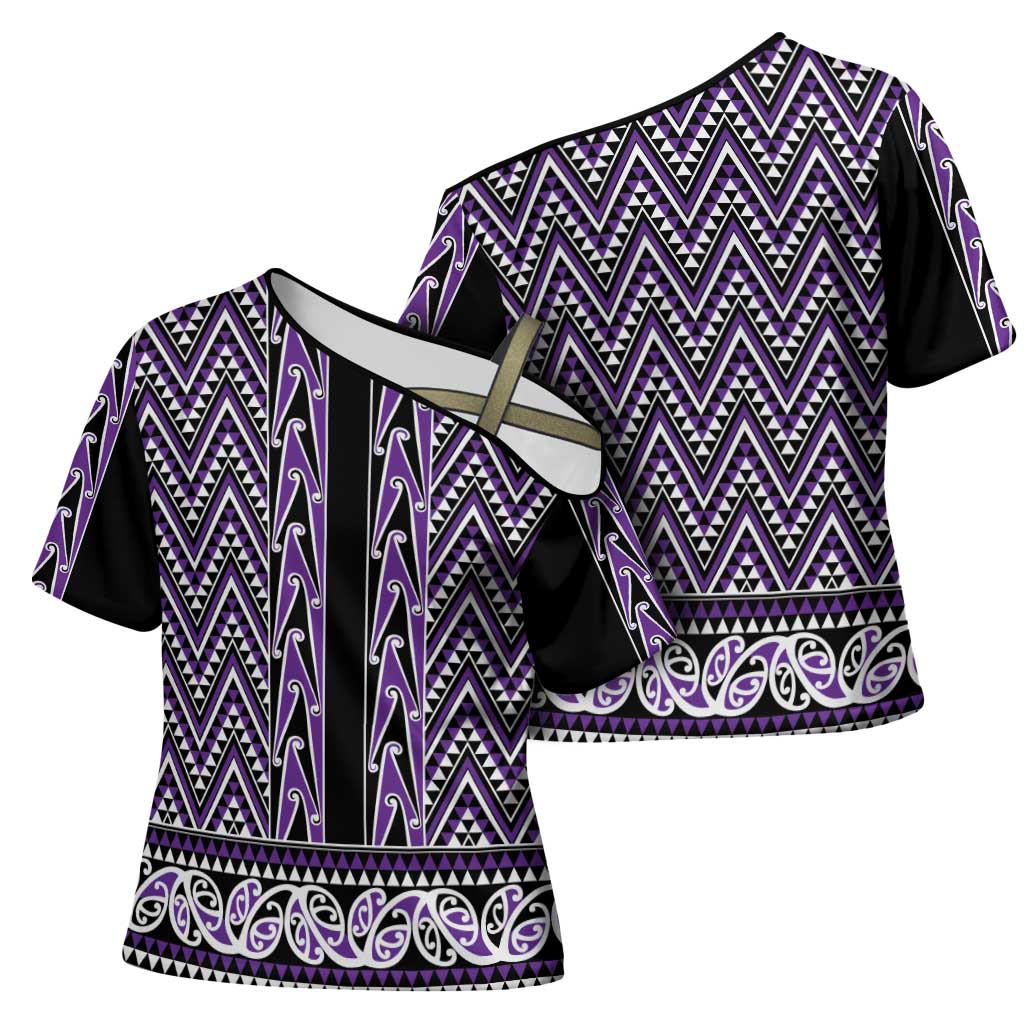 New Zealand Maori Niho Taniwha Cross Shoulder Shirt Waiporopo Mangopare and Puhoro Pattern - Polynesian Pride