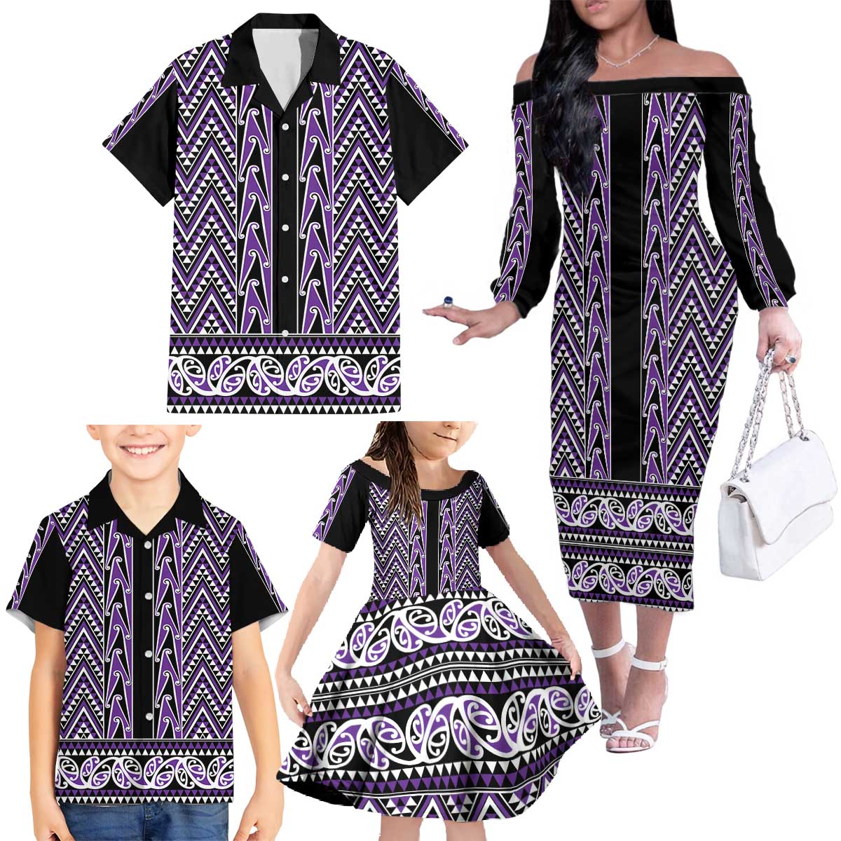 New Zealand Maori Niho Taniwha Family Matching Off The Shoulder Long Sleeve Dress and Hawaiian Shirt Waiporopo Mangopare and Puhoro Pattern