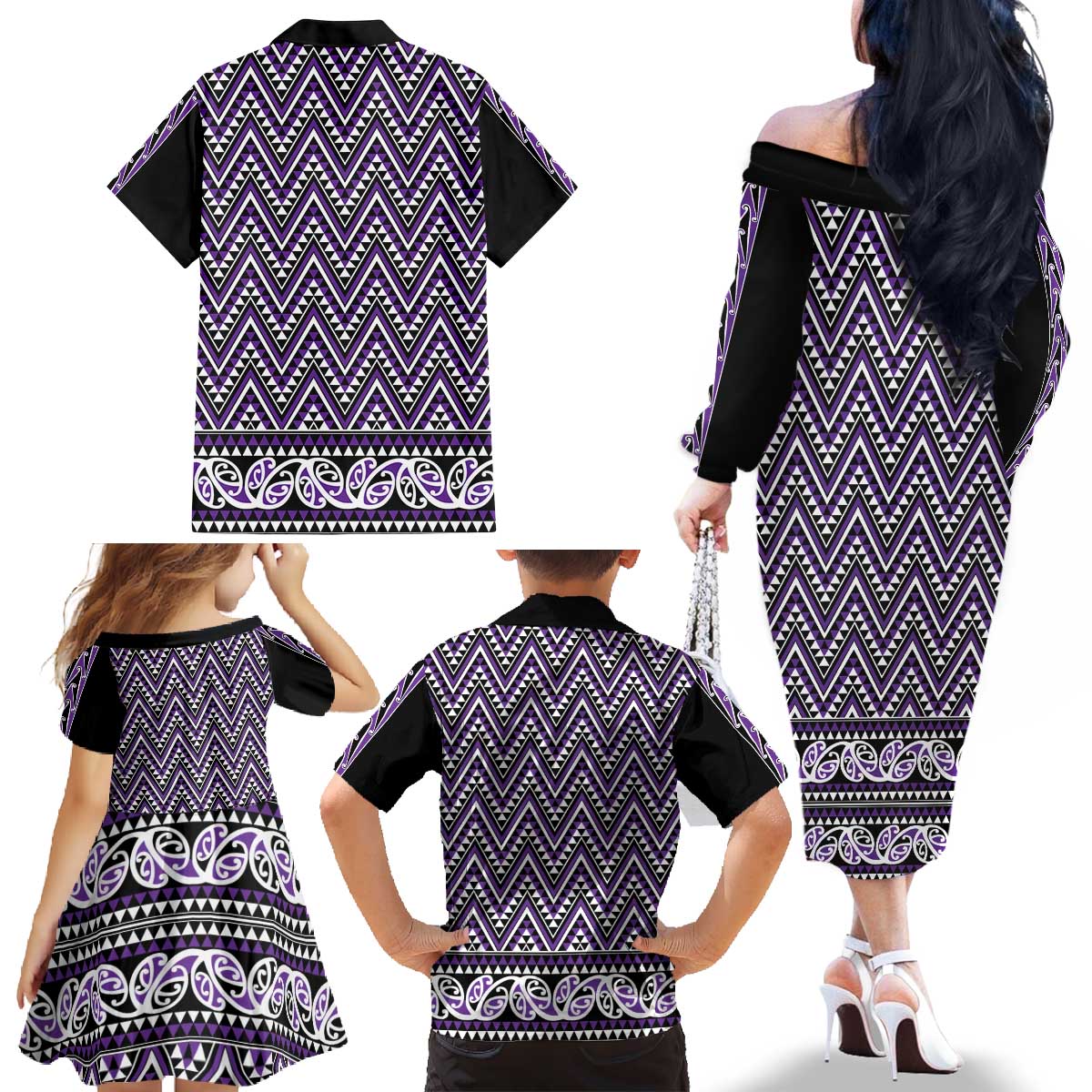 New Zealand Maori Niho Taniwha Family Matching Off The Shoulder Long Sleeve Dress and Hawaiian Shirt Waiporopo Mangopare and Puhoro Pattern