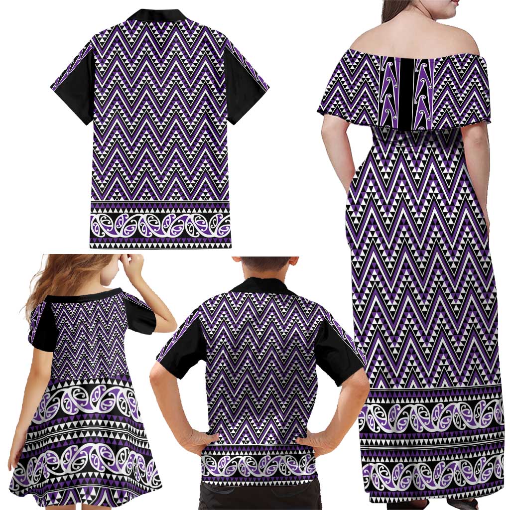 New Zealand Maori Niho Taniwha Family Matching Off Shoulder Maxi Dress and Hawaiian Shirt Waiporopo Mangopare and Puhoro Pattern