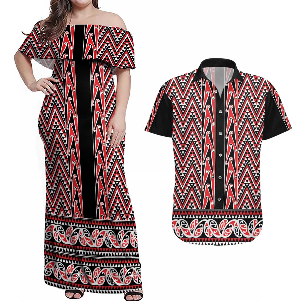 New Zealand Maori Niho Taniwha Couples Matching Off Shoulder Maxi Dress and Hawaiian Shirt Whero Mangopare and Puhoro Pattern