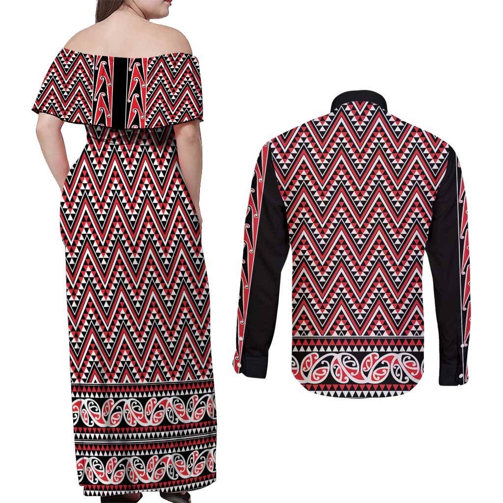 New Zealand Maori Niho Taniwha Couples Matching Off Shoulder Maxi Dress and Long Sleeve Button Shirt Whero Mangopare and Puhoro Pattern