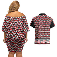 New Zealand Maori Niho Taniwha Couples Matching Off Shoulder Short Dress and Hawaiian Shirt Whero Mangopare and Puhoro Pattern