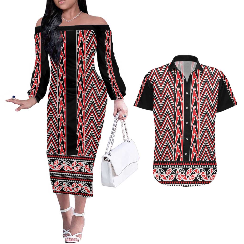 New Zealand Maori Niho Taniwha Couples Matching Off The Shoulder Long Sleeve Dress and Hawaiian Shirt Whero Mangopare and Puhoro Pattern