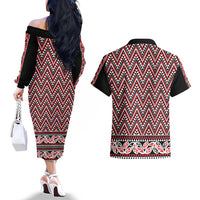 New Zealand Maori Niho Taniwha Couples Matching Off The Shoulder Long Sleeve Dress and Hawaiian Shirt Whero Mangopare and Puhoro Pattern
