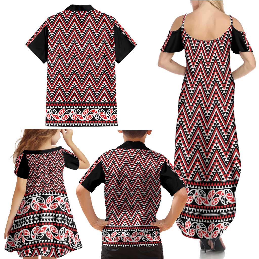 New Zealand Maori Niho Taniwha Family Matching Summer Maxi Dress and Hawaiian Shirt Whero Mangopare and Puhoro Pattern