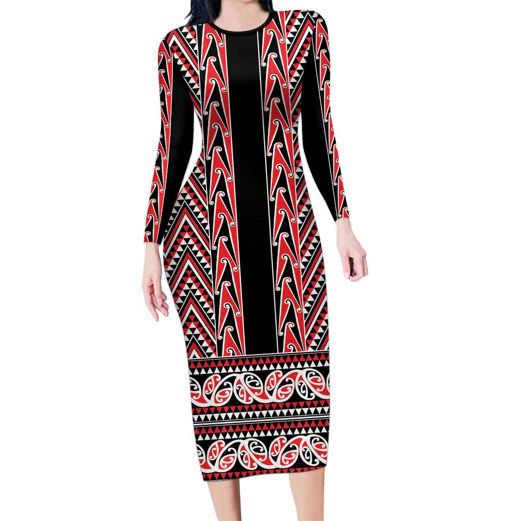 New Zealand Maori Niho Taniwha Long Sleeve Bodycon Dress Whero Mangopare and Puhoro Pattern