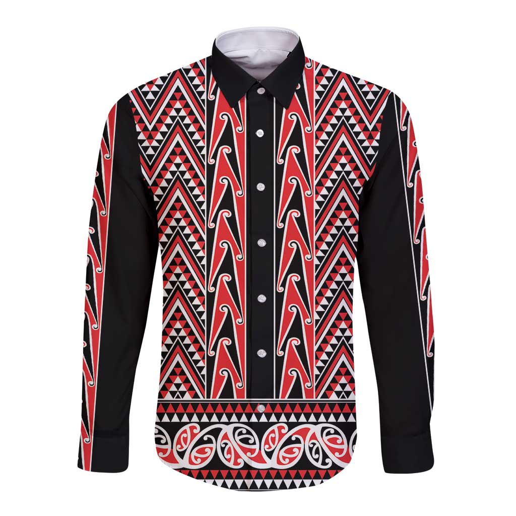 New Zealand Maori Niho Taniwha Long Sleeve Button Shirt Whero Mangopare and Puhoro Pattern