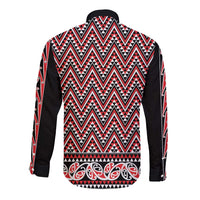 New Zealand Maori Niho Taniwha Long Sleeve Button Shirt Whero Mangopare and Puhoro Pattern