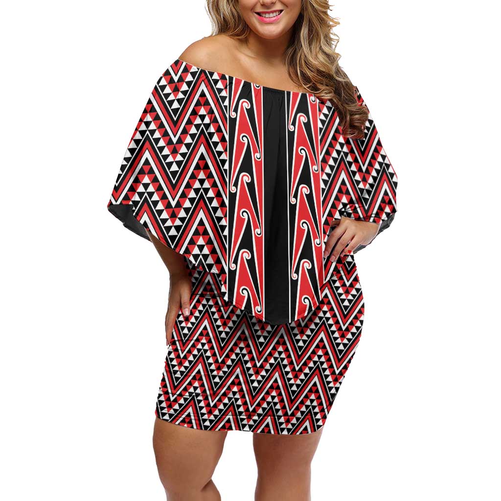New Zealand Maori Niho Taniwha Off Shoulder Short Dress Whero Mangopare and Puhoro Pattern