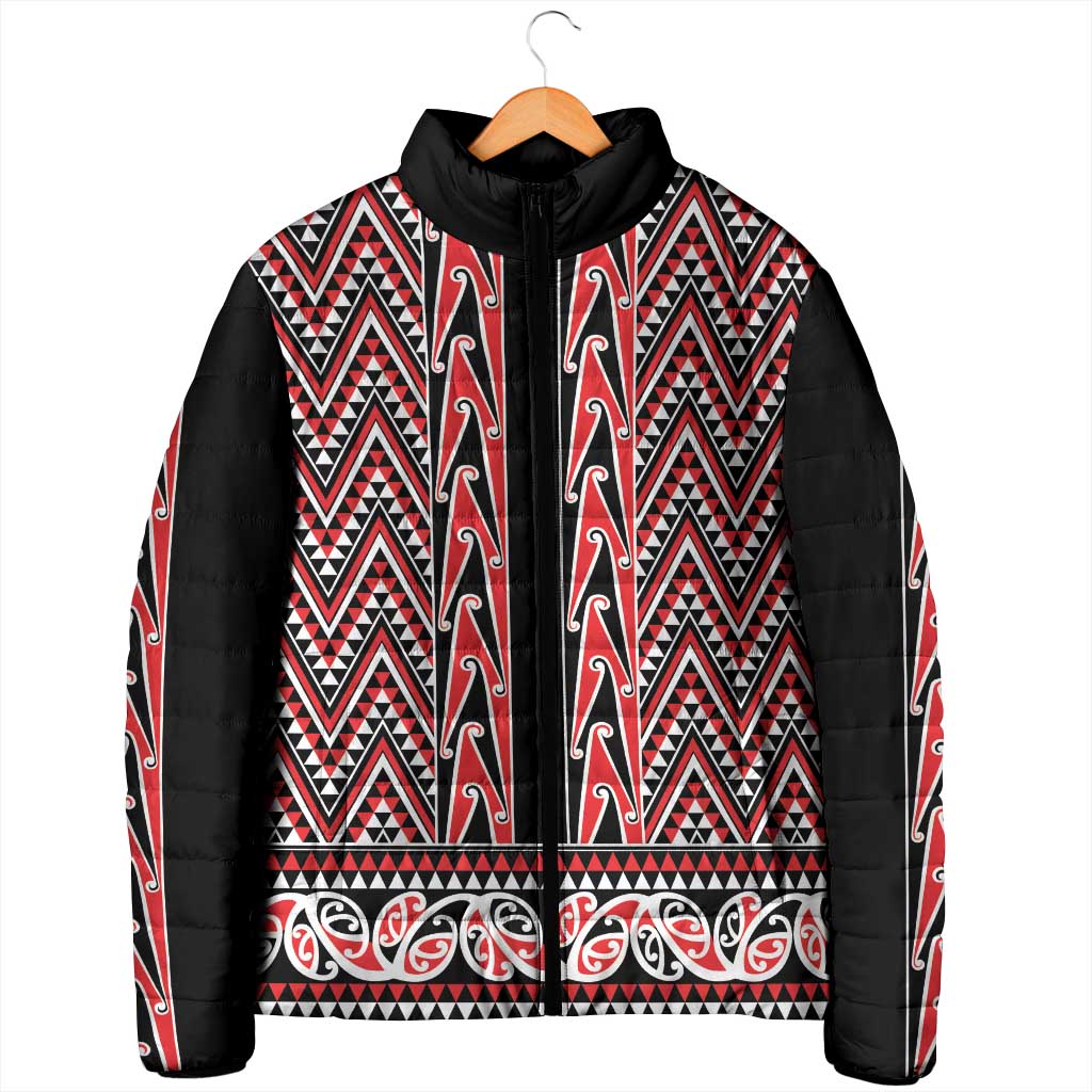 New Zealand Maori Niho Taniwha Padded Jacket Whero Mangopare and Puhoro Pattern - Polynesian Pride