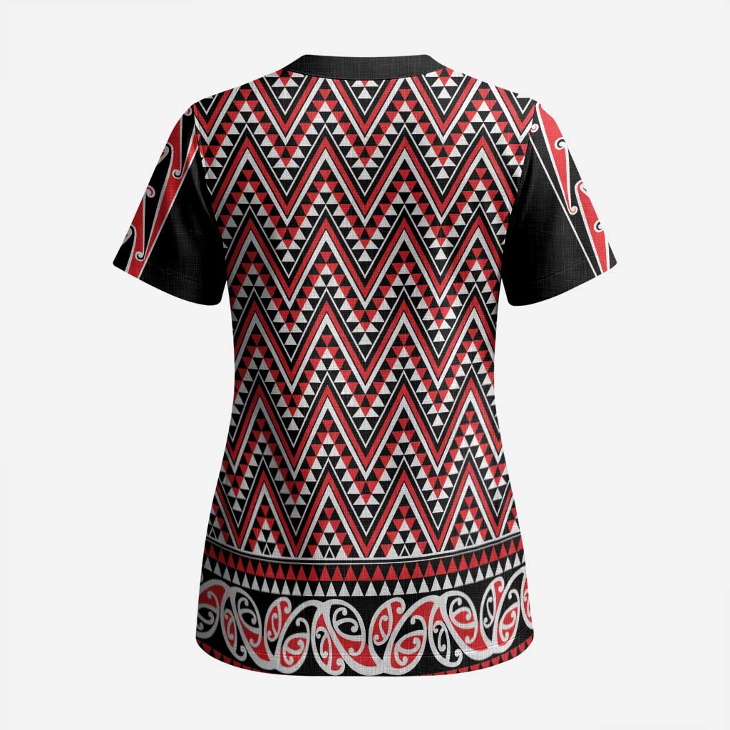 New Zealand Maori Niho Taniwha Scrub Top Whero Mangopare and Puhoro Pattern - Polynesian Pride