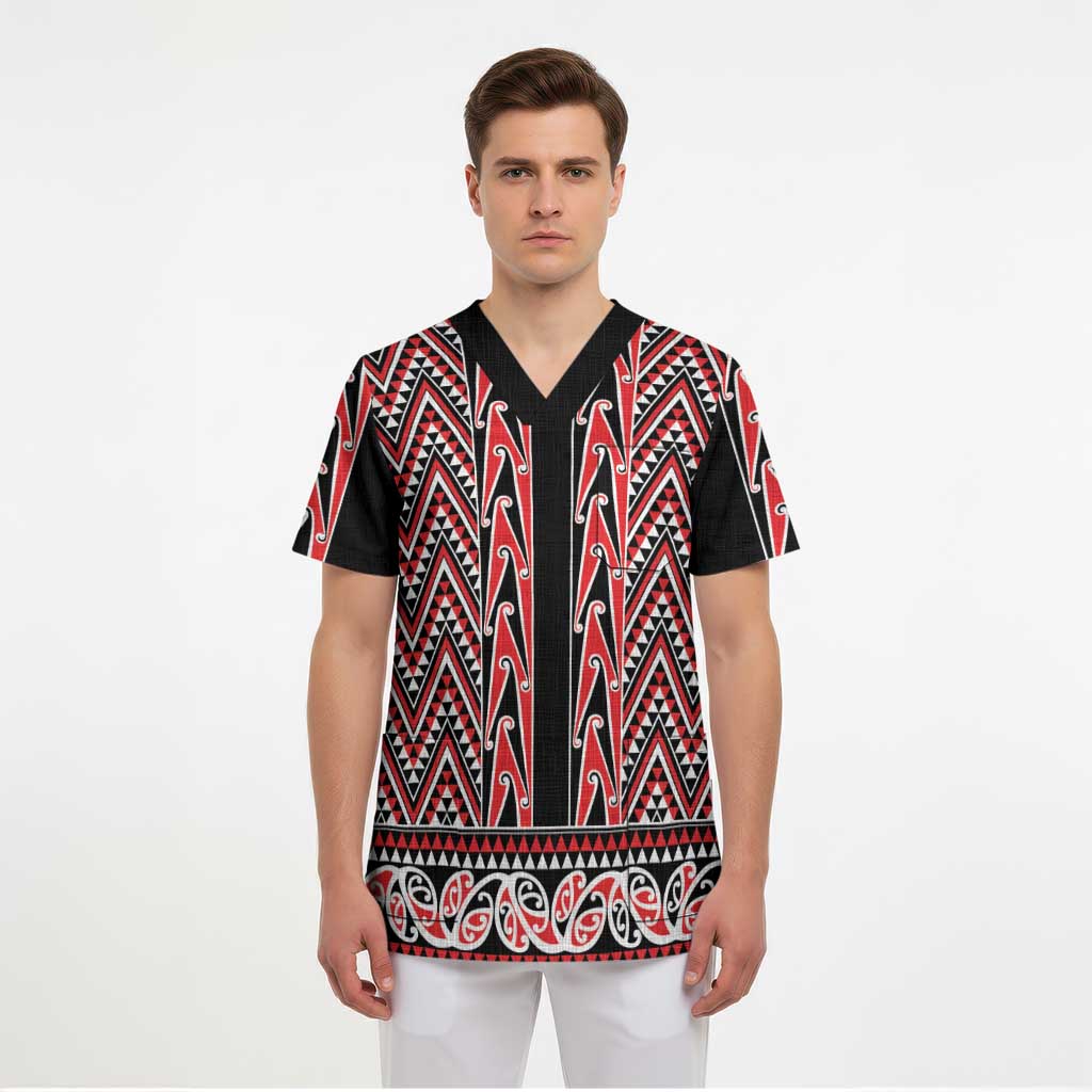 New Zealand Maori Niho Taniwha Scrub Top Whero Mangopare and Puhoro Pattern - Polynesian Pride