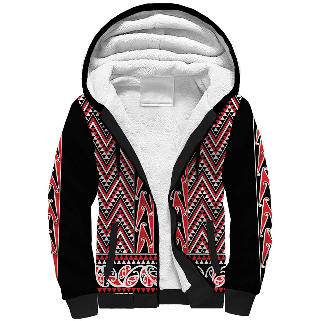 New Zealand Maori Niho Taniwha Sherpa Hoodie Whero Mangopare and Puhoro Pattern