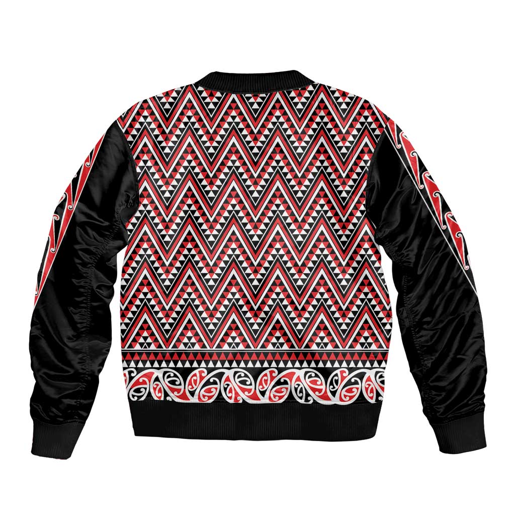 New Zealand Maori Niho Taniwha Sleeve Zip Bomber Jacket Whero Mangopare and Puhoro Pattern
