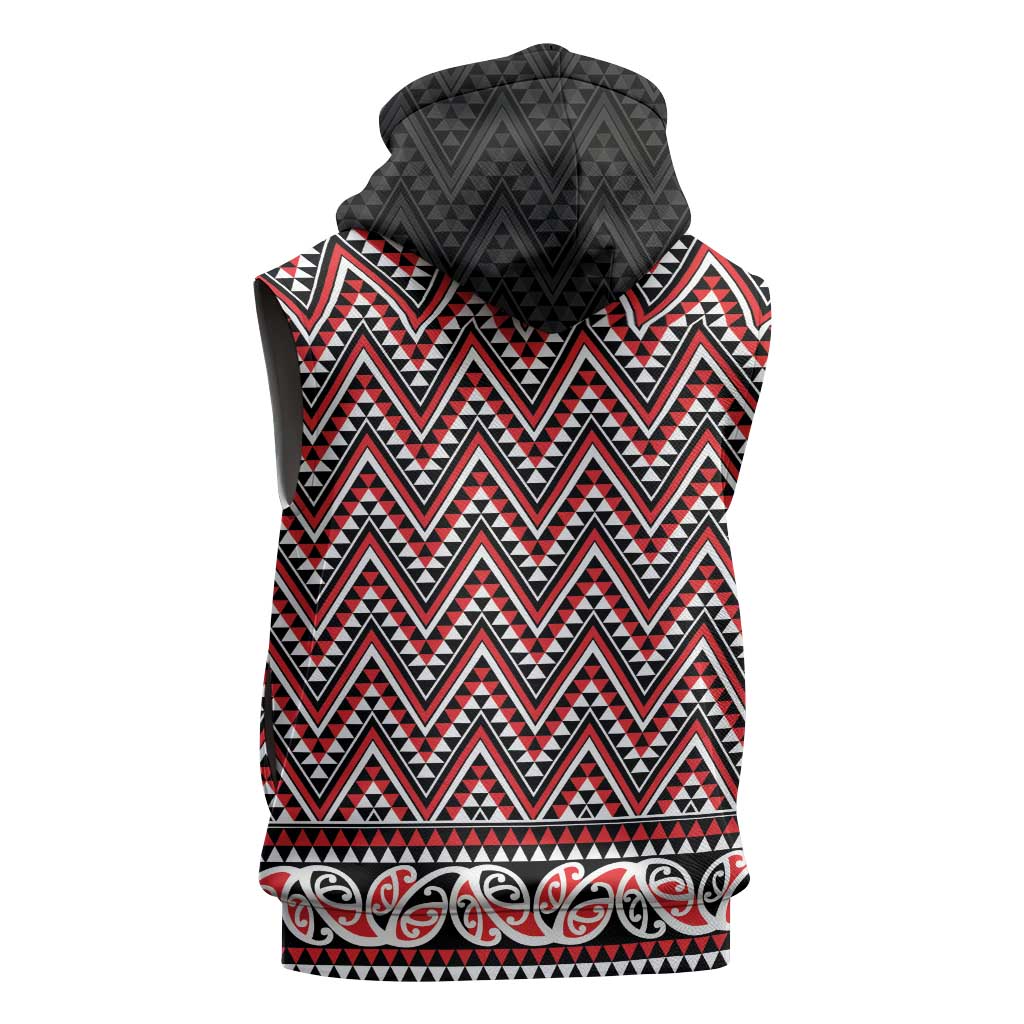 New Zealand Maori Niho Taniwha Sleeveless Hoodie Whero Mangopare and Puhoro Pattern - Polynesian Pride
