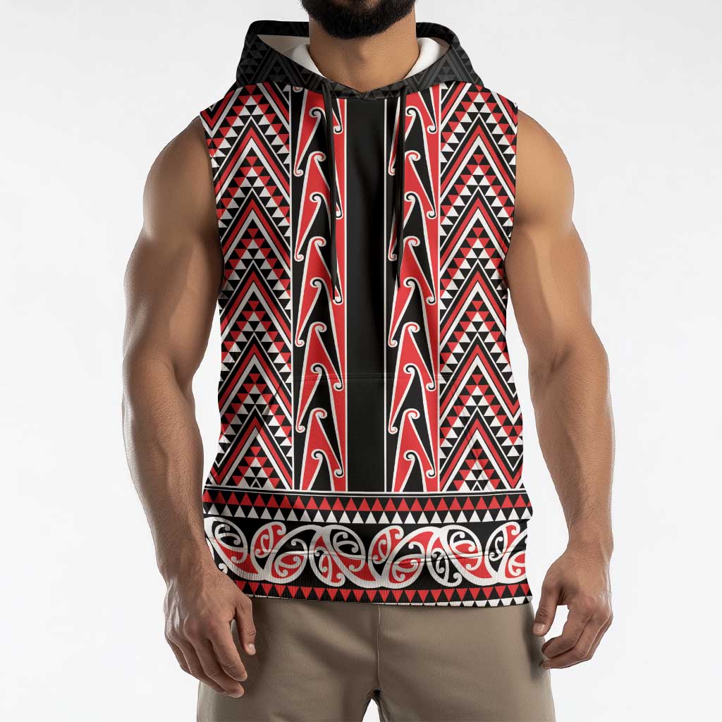 New Zealand Maori Niho Taniwha Sleeveless Hoodie Whero Mangopare and Puhoro Pattern - Polynesian Pride