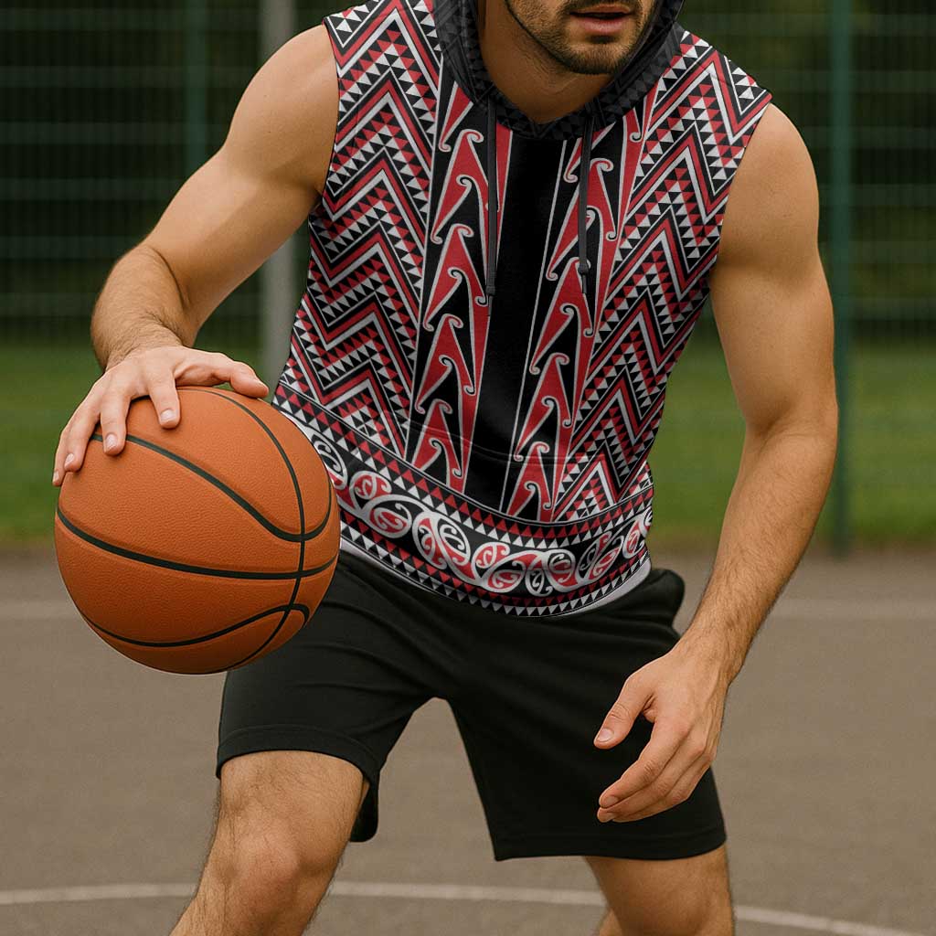 New Zealand Maori Niho Taniwha Sleeveless Hoodie Whero Mangopare and Puhoro Pattern - Polynesian Pride