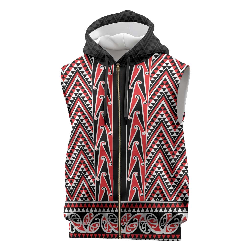 New Zealand Maori Niho Taniwha Sleeveless Zip Hoodie Whero Mangopare and Puhoro Pattern - Polynesian Pride