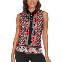 New Zealand Maori Niho Taniwha Women Sleeveless Polo Shirt Whero Mangopare and Puhoro Pattern