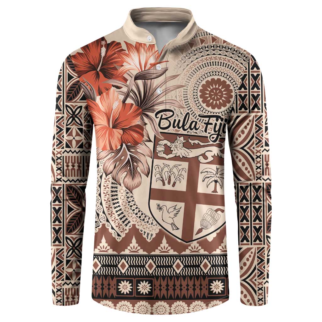 Vintage Bula Fiji Personalised Button Sweatshirt Beige Hibiscus Tapa Pattern