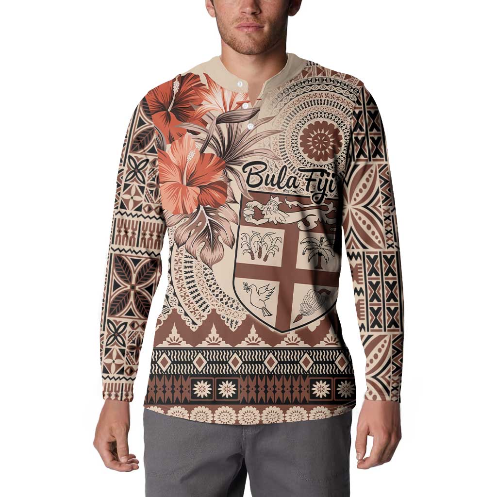 Vintage Bula Fiji Personalised Button Sweatshirt Beige Hibiscus Tapa Pattern