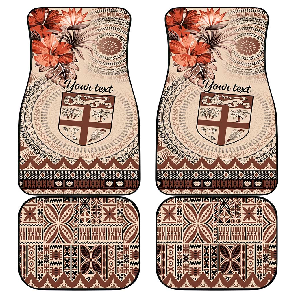 Vintage Bula Fiji Personalised Car Mats Beige Hibiscus Tapa Pattern