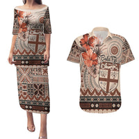 Vintage Bula Fiji Personalised Couples Matching Puletasi and Hawaiian Shirt Beige Hibiscus Tapa Pattern