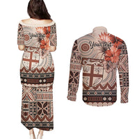 Vintage Bula Fiji Personalised Couples Matching Puletasi and Long Sleeve Button Shirt Beige Hibiscus Tapa Pattern