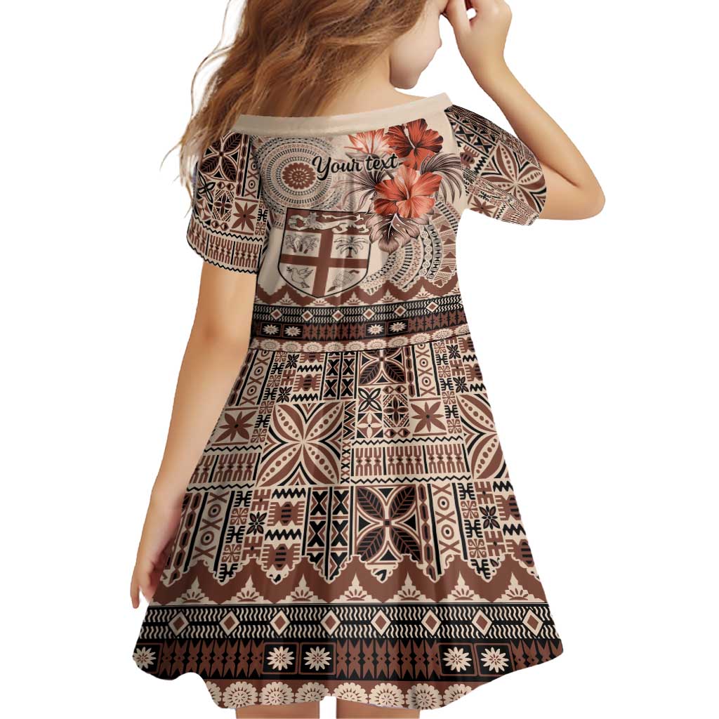 Vintage Bula Fiji Personalised Family Matching Long Sleeve Bodycon Dress and Hawaiian Shirt Beige Hibiscus Tapa Pattern