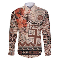 Vintage Bula Fiji Personalised Family Matching Long Sleeve Bodycon Dress and Hawaiian Shirt Beige Hibiscus Tapa Pattern