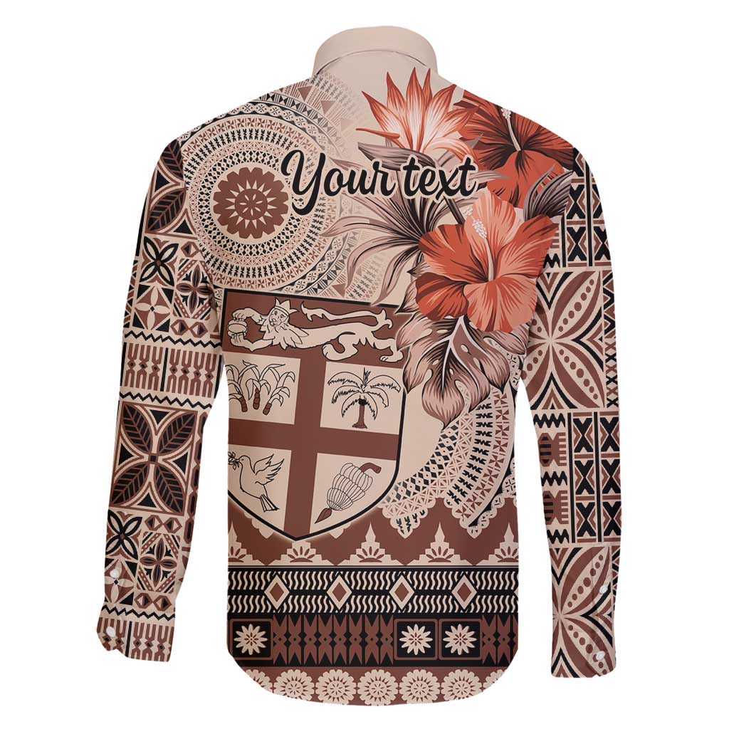 Vintage Bula Fiji Personalised Family Matching Long Sleeve Bodycon Dress and Hawaiian Shirt Beige Hibiscus Tapa Pattern