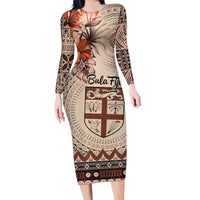 Vintage Bula Fiji Personalised Family Matching Long Sleeve Bodycon Dress and Hawaiian Shirt Beige Hibiscus Tapa Pattern