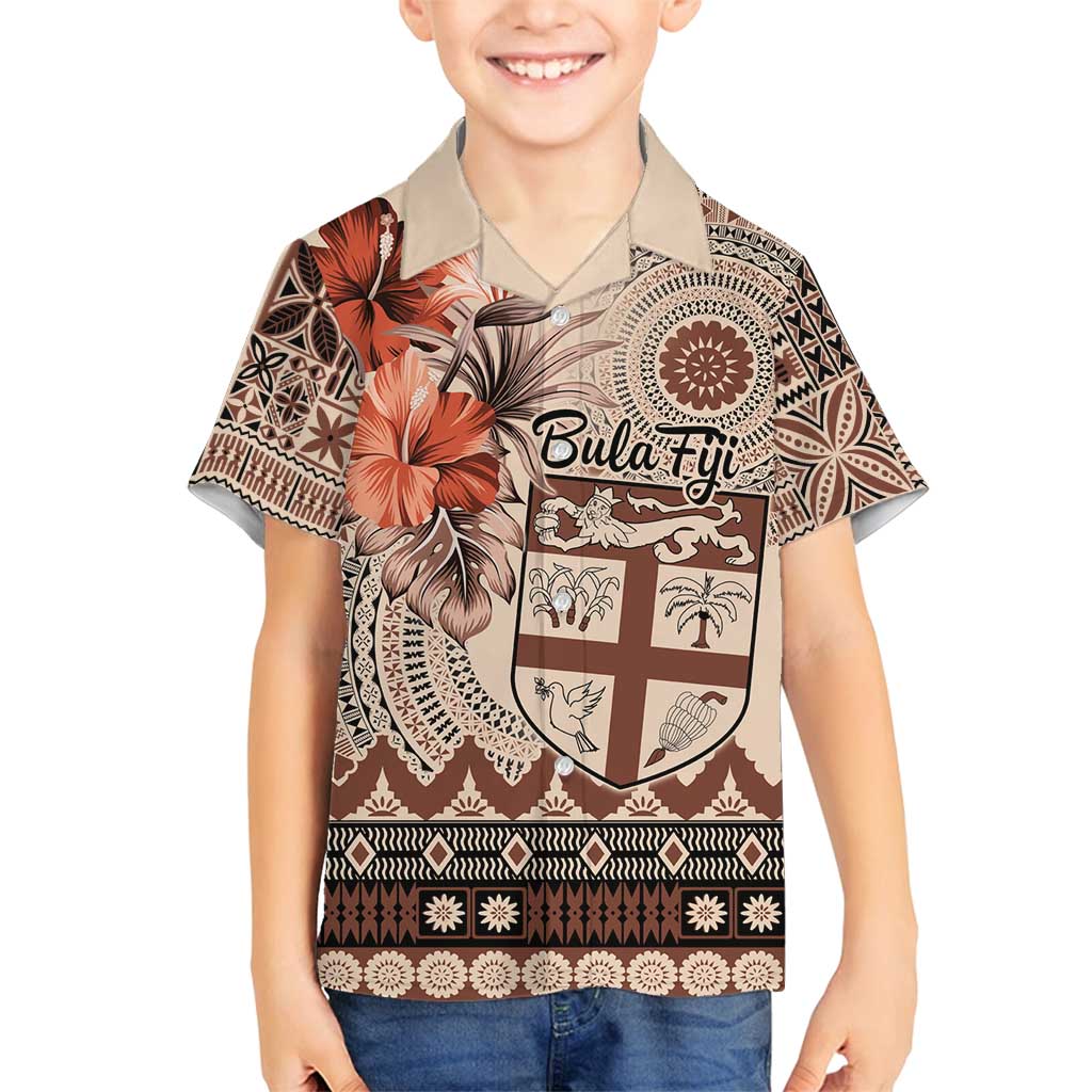 Vintage Bula Fiji Personalised Family Matching Long Sleeve Bodycon Dress and Hawaiian Shirt Beige Hibiscus Tapa Pattern