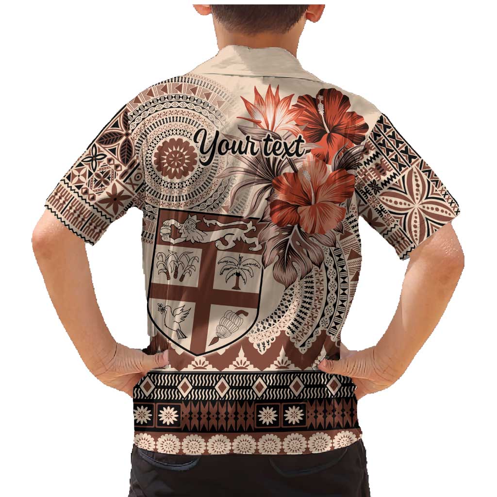 Vintage Bula Fiji Personalised Family Matching Mermaid Dress and Hawaiian Shirt Beige Hibiscus Tapa Pattern