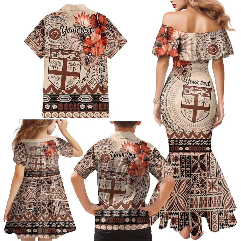 Vintage Bula Fiji Personalised Family Matching Mermaid Dress and Hawaiian Shirt Beige Hibiscus Tapa Pattern