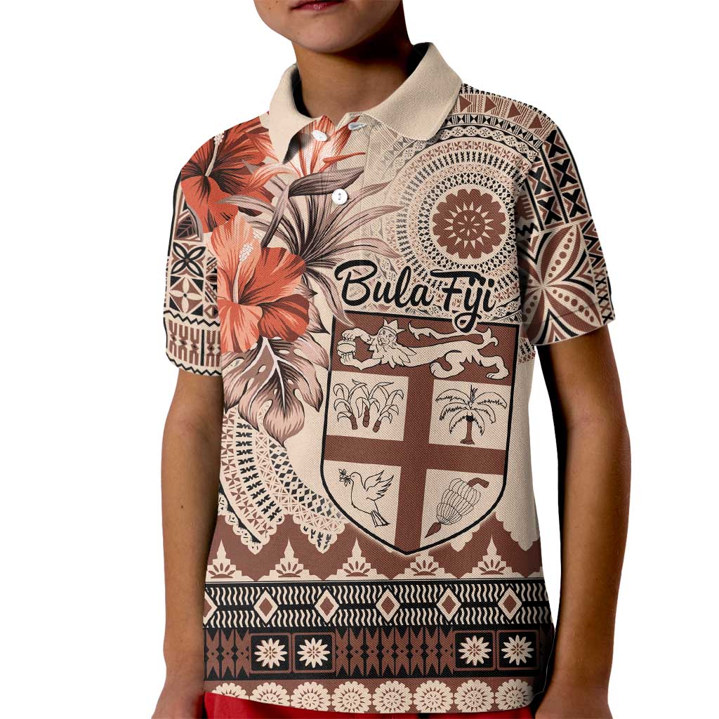 Vintage Bula Fiji Personalised Kid Polo Shirt Beige Hibiscus Tapa Pattern