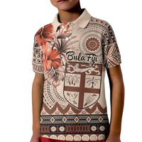 Vintage Bula Fiji Personalised Kid Polo Shirt Beige Hibiscus Tapa Pattern