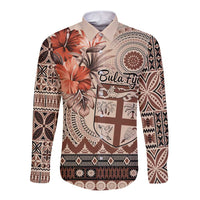 Vintage Bula Fiji Personalised Long Sleeve Button Shirt Beige Hibiscus Tapa Pattern