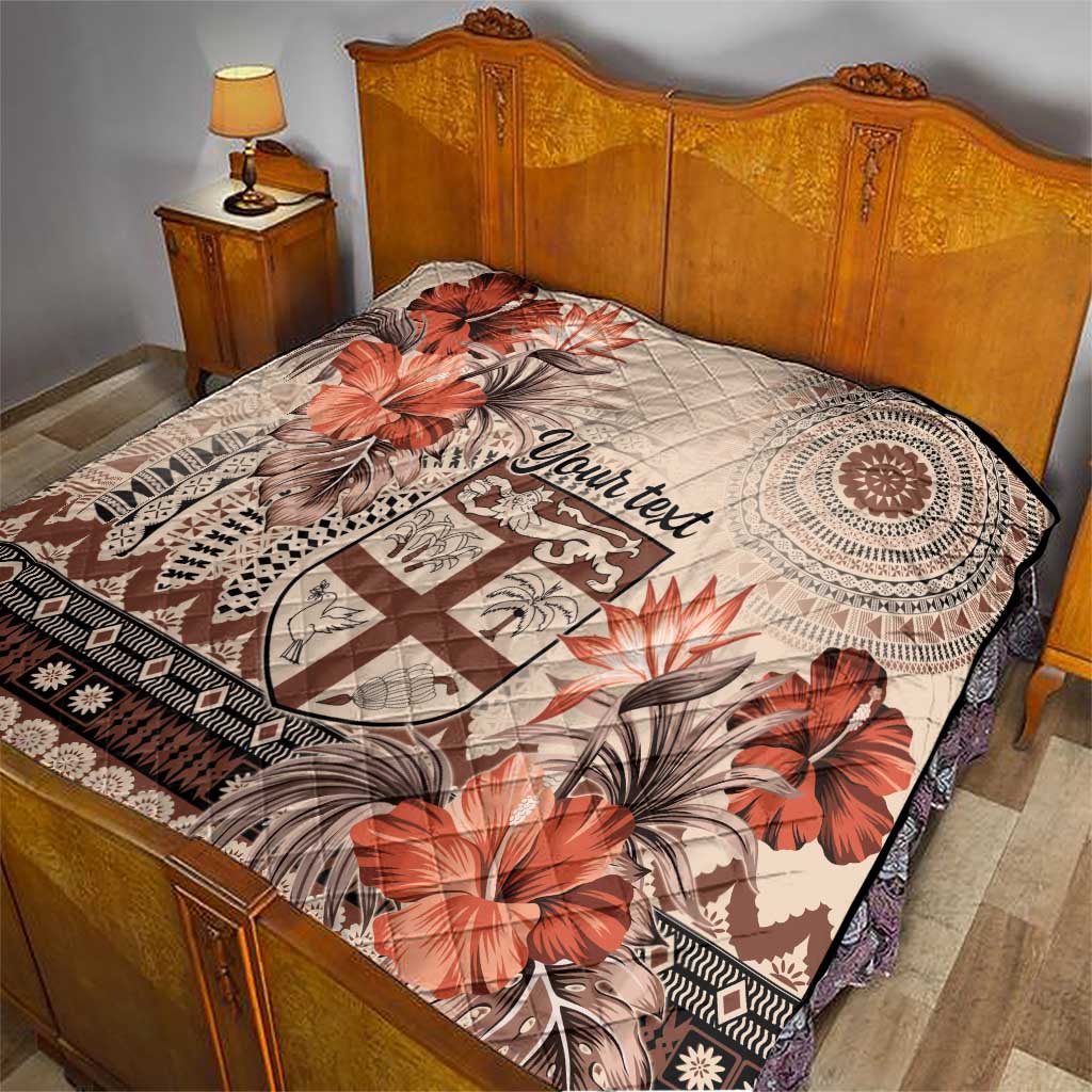 Vintage Bula Fiji Personalised Quilt Beige Hibiscus Tapa Pattern