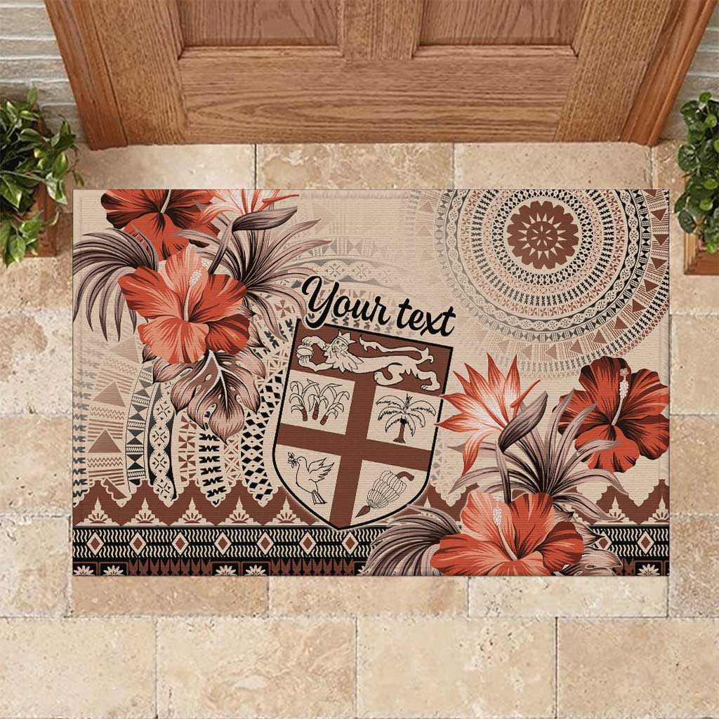 Vintage Bula Fiji Personalised Rubber Doormat Beige Hibiscus Tapa Pattern