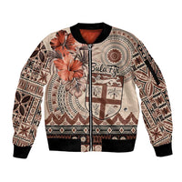 Vintage Bula Fiji Personalised Sleeve Zip Bomber Jacket Beige Hibiscus Tapa Pattern
